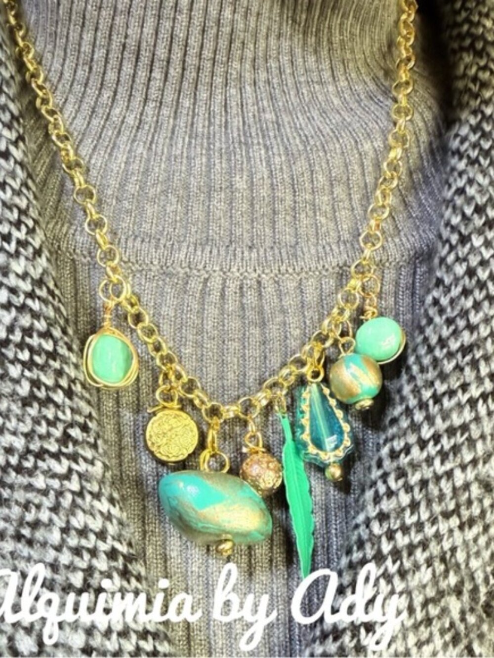 Alquimia Teal and Gold Charm Necklace with Leaf and Bead Accents